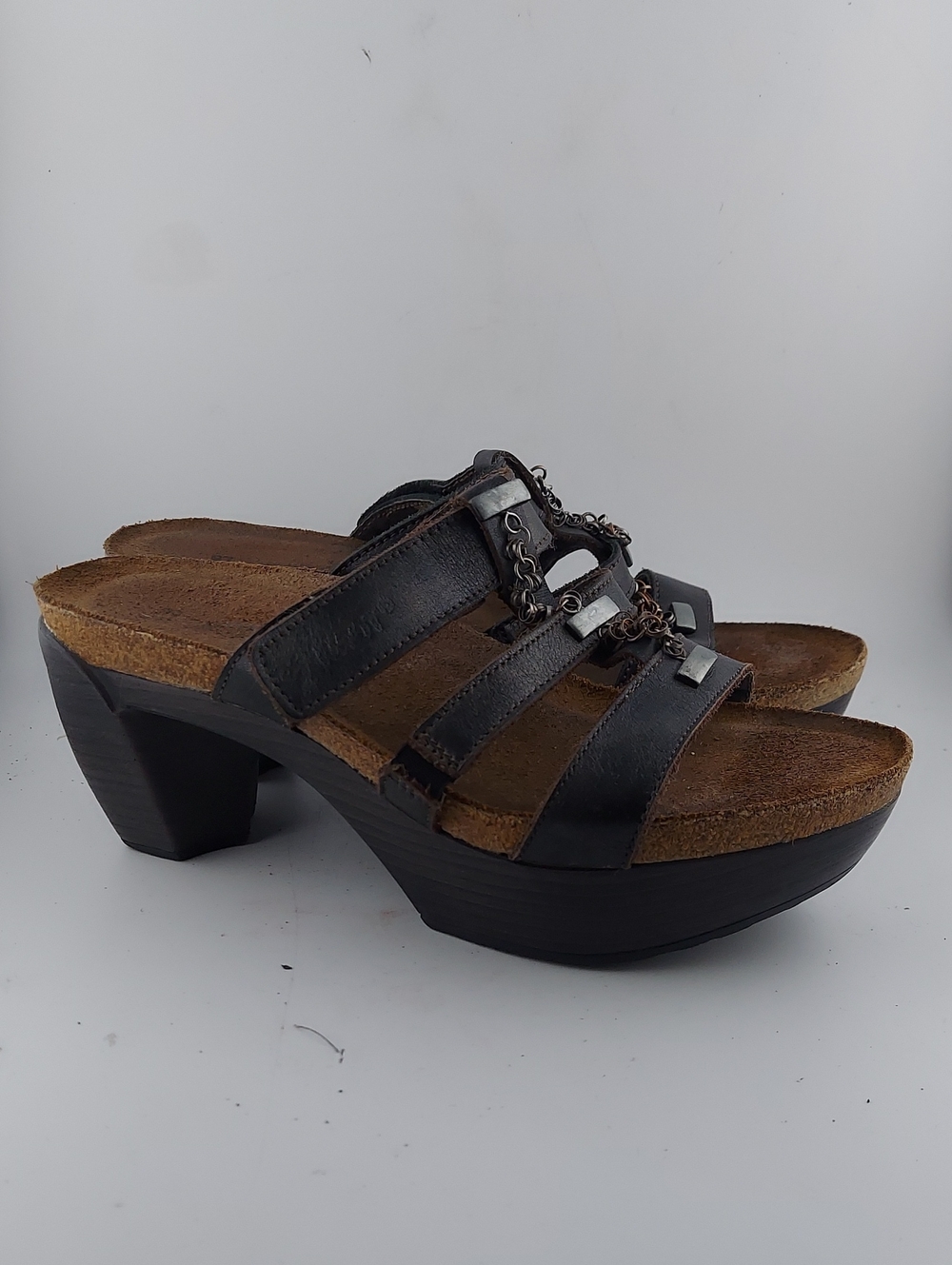 Naot Black Leather Platform Slide Sandals with Chain Accent Size 6.6-7